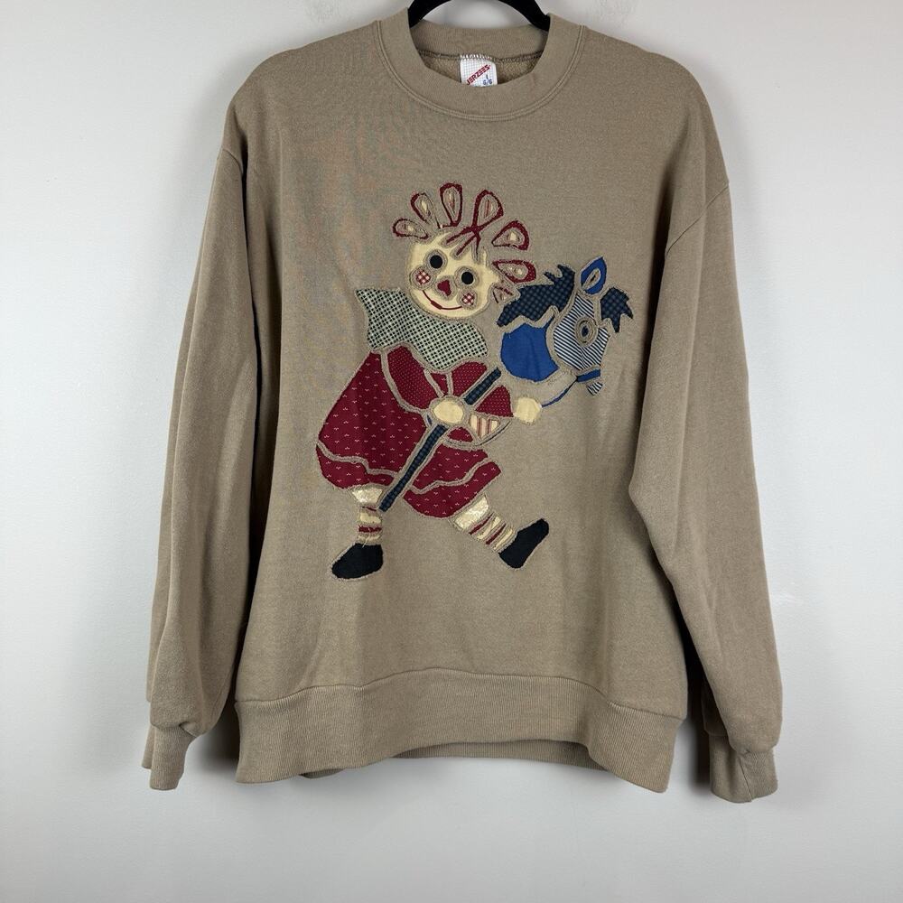 Vintage Handmade Raggedy Ann Sweatshirt Jerzees Large Retro Embroidered Eclectic